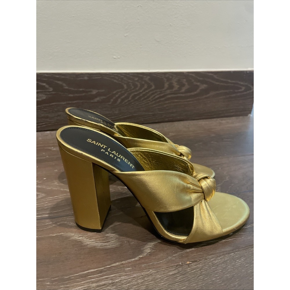 Saint Laurent "BIANCA 100mm" Gold Leather Open Toe Slip On Mule Sandals, Size 40 - Picture 3 of 6